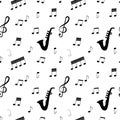 Seamless pattern: silhouettes of musical notes and instruments in black on a white background.