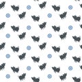 Seamless pattern of silhouettes pigs and round snowflakes.