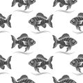 Seamless pattern, silhouettes of sea fish with waves on a white background. Print Royalty Free Stock Photo