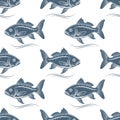 Seamless pattern, silhouettes of sea fish with waves on a white background. Print Royalty Free Stock Photo