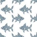 Seamless pattern, silhouettes of sea fish with waves on a white background. Royalty Free Stock Photo