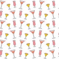 Seamless pattern of silhouettes of three cocktails in glasses of different shapes with a romantic heart.