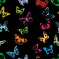 Seamless pattern of silhouettes various colorful butterflies