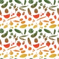 Seamless pattern of silhouettes various drawn fruits and vegetables