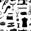 Seamless pattern of silhouettes of various sewing tools for clothing manufacturing Royalty Free Stock Photo