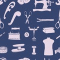 Seamless pattern of silhouettes various sewing tools for clothing manufacturing Royalty Free Stock Photo