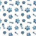 Seamless pattern with silhouettes of watercolor cat paws and fish bones