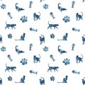 Seamless pattern with silhouettes of watercolor cats, fish bones and cat paws