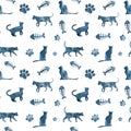 Seamless pattern with silhouettes of watercolor cats, fish bones and cat paws