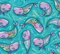 Seamless pattern with floral anatomy whales in cartoon style. Vector illustration