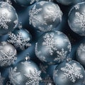 Seamless pattern of silver blue Christmas balls with white volumetric snowflakes on them. Close up. Royalty Free Stock Photo