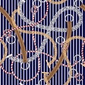 Seamless pattern silver chain ,belt, and summer ropes on marine nautical navy lue and white stripe