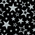 Seamless pattern with silver glitter sparkle stars on black background. Vector illustration Royalty Free Stock Photo