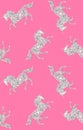 Seamless pattern of silver glitter unicorn on pink