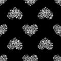 Seamless pattern silver hearts made of flower petals isolated, black background, grey shiny metal heart shape repeating ornament Royalty Free Stock Photo