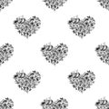 Seamless pattern silver hearts made of flower petals isolated, white background, grey shiny metal heart shape repeating ornament
