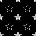 Seamless pattern silver stars black background isolated, decorative shiny silver stars repeating ornament, Christmas backdrop