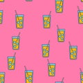 Seamless pattern of simple abstract alcoholic cocktails with ice juice and straw in glass cups, bar icons on pink purple Royalty Free Stock Photo