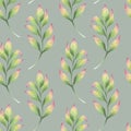 Seamless pattern simple abstract twig with green pink leaves. Beautiful gentle clipart. Hand drawn watercolor Royalty Free Stock Photo