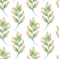 Seamless pattern simple abstract twig with green pink leaves. Beautiful gentle clipart. Hand drawn watercolor Royalty Free Stock Photo