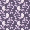 Seamless pattern simple abstract twig with purple hearts leaves, butterfly. Beautiful gentle clipart. Hand drawn Royalty Free Stock Photo