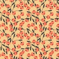 Seamless pattern with simple coral abstract flowers and dark blue leaves.Vector floral background Royalty Free Stock Photo