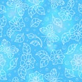 Seamless illustration with simple flowers and butterfly,light contours on blue background