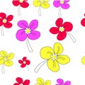 Seamless pattern with simple flowers that have three colors red, yellow and purple, with a white background