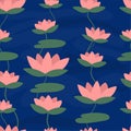 Seamless pattern with simple flowers of lotus in water, lake or pond. Backdrop with water lily. Beautiful texture with water