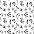 Seamless pattern with simple flowers twigs leaves Royalty Free Stock Photo