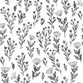 Seamless pattern of simple graphic wildflowers and leaves isolate on white background