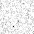 Seamless pattern of simple graphic wildflowers poppy and leaves isolate on white background