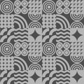 Seamless pattern of simple gray geometric elements on black background. Bauhaus style surface design for graphic design, printin
