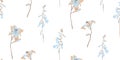 Seamless pattern of simple hand drawn watercolor bluebell and lily flowers. Endless blue and beige allover illustration. Mi