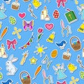 Seamless illustration with simple icons on a theme the holiday of Easter ,colored stickers icons on blue background