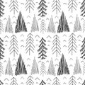 Seamless pattern of simple lagom fir trees with hatching and strokes. Hand drawn pencil spruce. Vector scandi festive ink texture