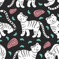 Seamless pattern with simple shaped tigers and abstract elements