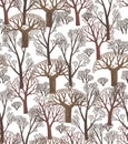 Seamless pattern of simple trees. Brown forest on white background