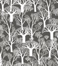 Seamless pattern of simple trees. Illustartion of silhouette forest on dark background