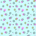 Seamless pattern of simple vector outline bright elements stars hearts points circles rounds rings spirals helixes isolated on