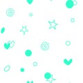 Seamless pattern of simple vector outline bright green elements stars hearts points circles rounds rings spirals helixes on white Royalty Free Stock Photo