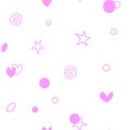 Seamless pattern of simple vector outline bright pink elements stars hearts points circles rounds rings spirals helixes on white Royalty Free Stock Photo