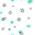 Seamless pattern of simple vector outline colorful elements stars hearts points circles rounds rings spirals Royalty Free Stock Photo