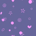 Seamless pattern of simple vector outline bright pink elements stars hearts points circles rounds rings spirals helixes on blue Royalty Free Stock Photo