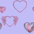 Seamless pattern with simple watercolor lilac hearts for Happy Valentines Day card or t-shirt design. Romance