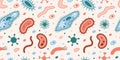 Seamless pattern with simplest unicellular organisms, bacteria and viruses, microorganisms under a microscope. Trendy Royalty Free Stock Photo