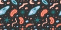 Seamless pattern with simplest unicellular organisms, bacteria and viruses, microorganisms under a microscope. Trendy Royalty Free Stock Photo