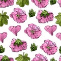 Seamless pattern with single flowers of pink mallow and green leaves. Hand drawn ink and colored sketch.