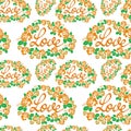 Seamless pattern with single word `love` and roses silhouettes.