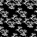 Seamless pattern with single word `love` and roses silhouettes.